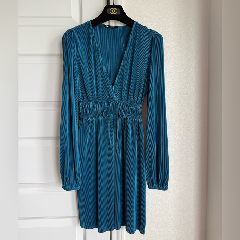 Zara Teal Pleated Long Sleeve Mini Dress - Size S